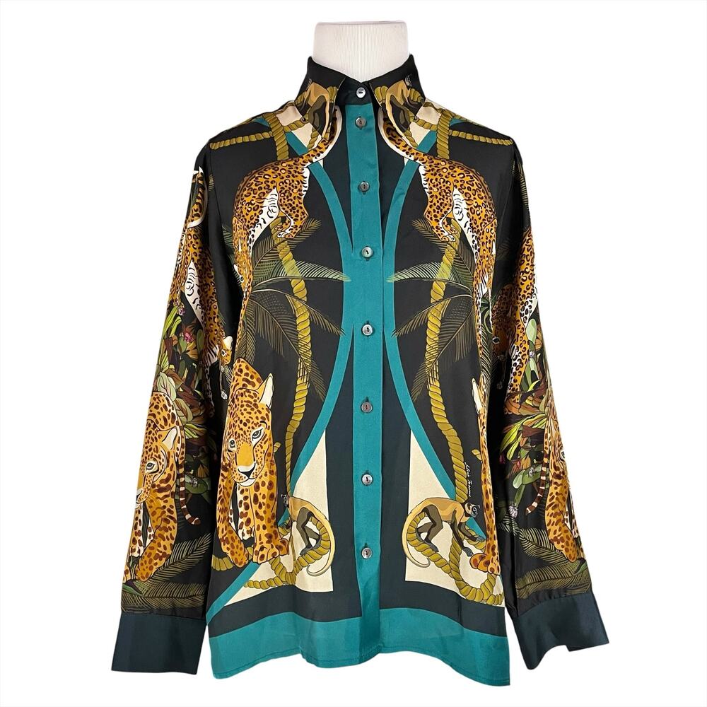 FRANCO FERRARI Leopard Rope Jungle Graphic Print Silk Button-Up Blouse Size XS
